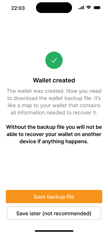 Success screen informing the user that the wallet has been created and he should download the backup file.