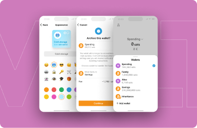 Three mobile mock-ups of a user flow for managing multiple wallets in an application